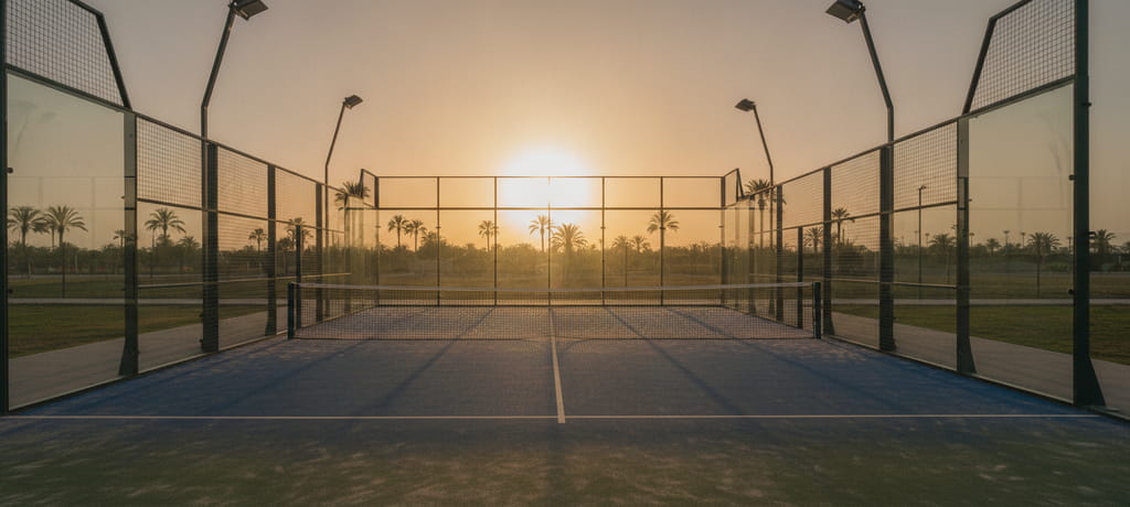 A peaceful empty padel court at soft sunset light, symbolizing confidence and readiness to play, warm glowing atmosphere, sense of accomplishment and calm progress, no people, no text, no products